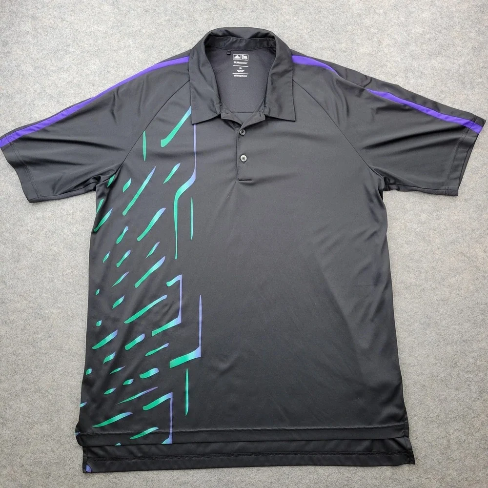 Adidas Polo Shirt Mens XL Black Graphic Print Climacool Golf‎ Performance Top